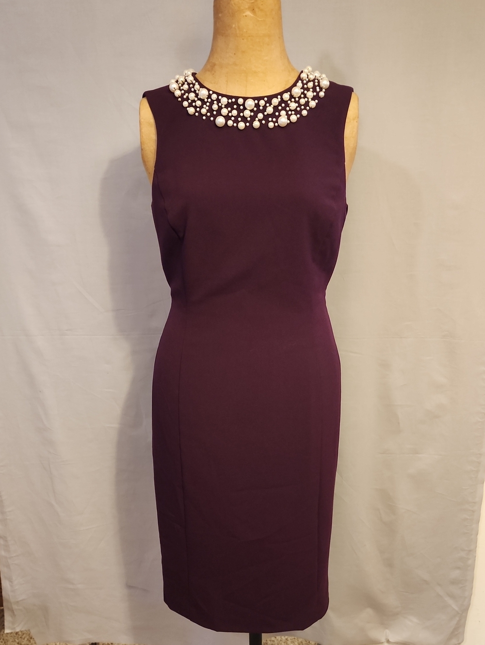 Calvin Klein Sleeveless Purple Midi Sheath Dress with Pearl Embellished Neckline